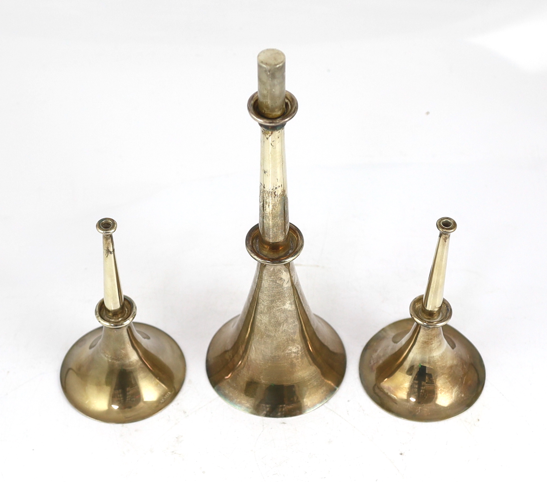 An Elizabeth II Arts & Crafts planished silver centrepiece epergne by Pruden & Smith of Ditchling, with three silver trumpet receivers and four glass dishes by Lara Aldridge